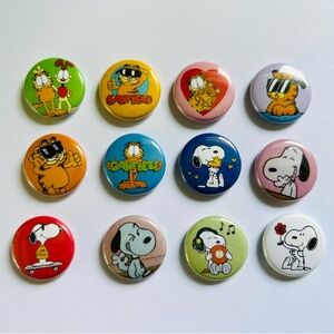 Set of 12 RETRO Vintage Sale GARFIELD & SNOOPY Pins Metal Pinback Buttons